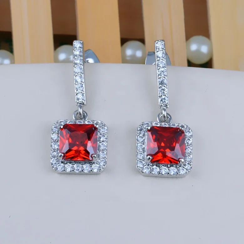 

Luxury Female Crystal Blue Drop Earrings Cute Silver Color Dangle Earrings For Women Elegant Rainbow Square Wedding Earrings, Picture shows