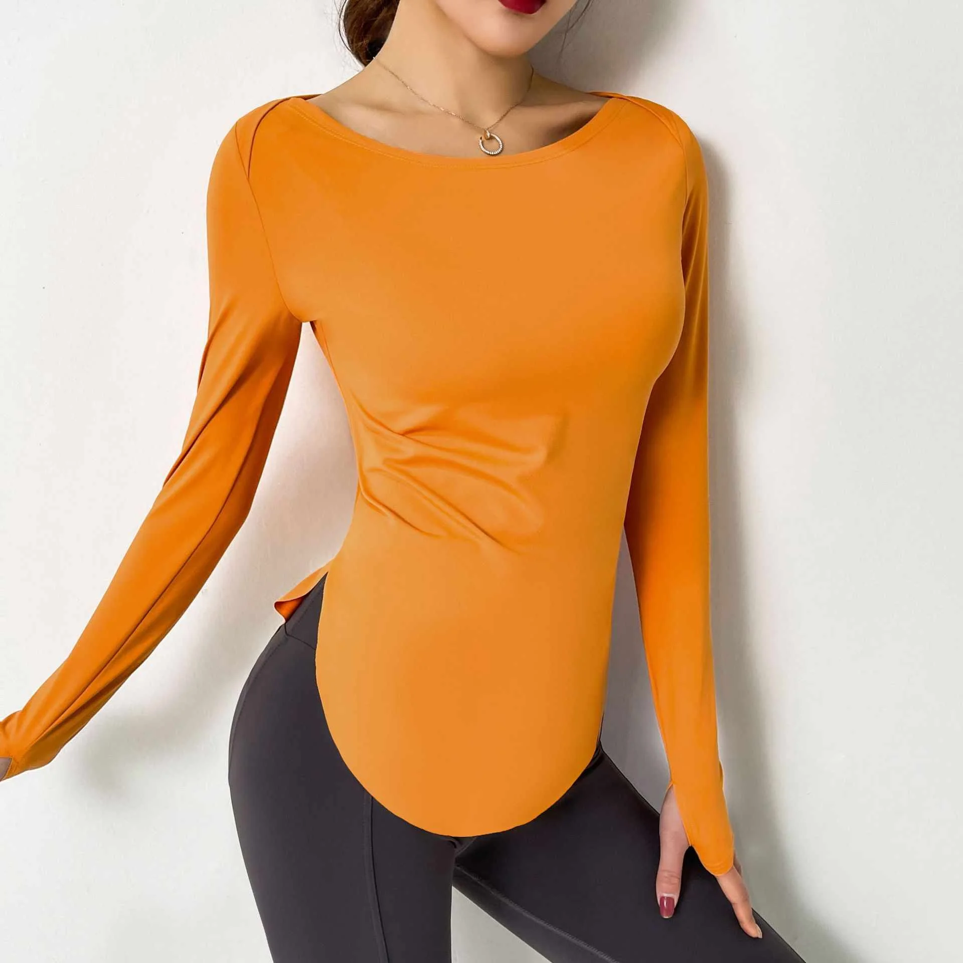 

Mzl's Love Net Red Autumn And Winter New Outdoor Sports Fitness Long-sleeved Top Women's Tight Yoga Clothes Arc Hem T-shirt