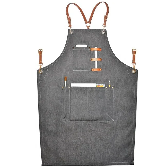 

SunYue Wholesale Barista Jean Leather Straps Bar Cafe Chef Work Custom Barber Denim Apron, Can be customized