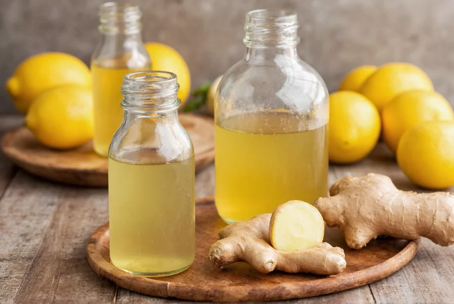 Fresh ginger roots, sugar, lemons, and glass bottles arranged on wooden table for homemade ginger ale recipe