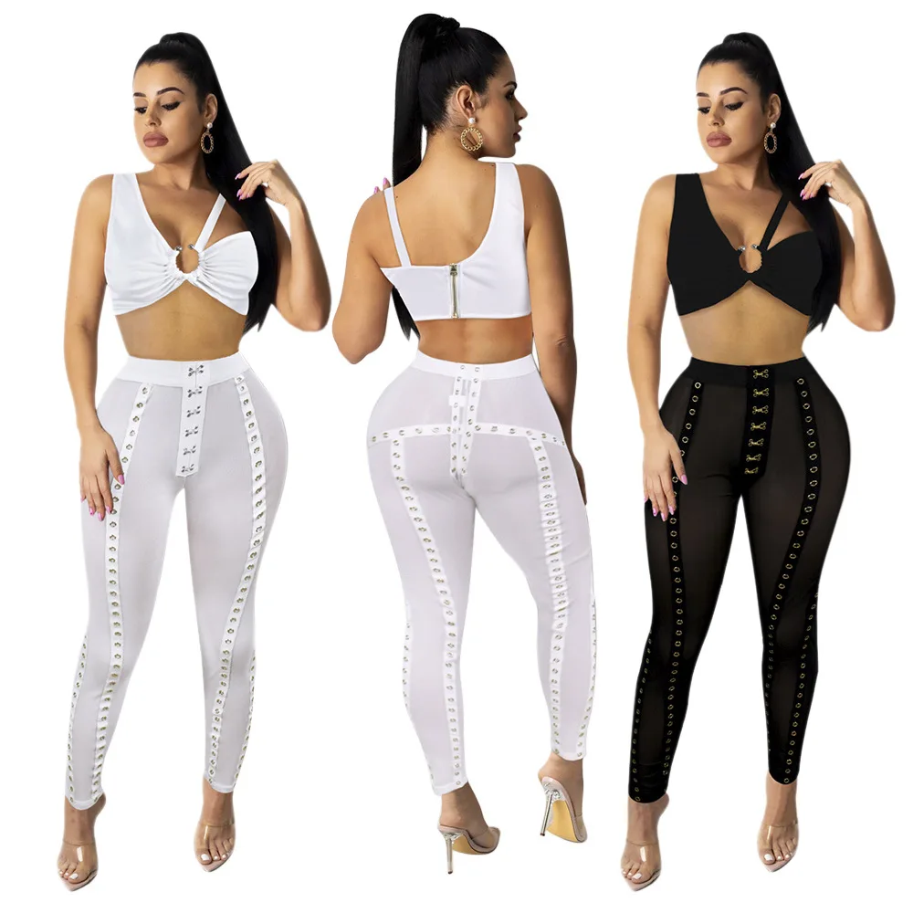 

New fashion sexy mesh breast-wrapped trousers two piece pants sexy women set