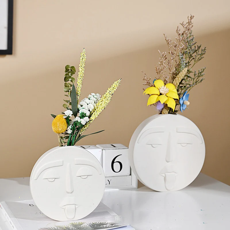 

Nordic Style Creative Body Art Flower pot Ornaments Handicraft White round Human Face Ceramic Vase for Living Room home decor