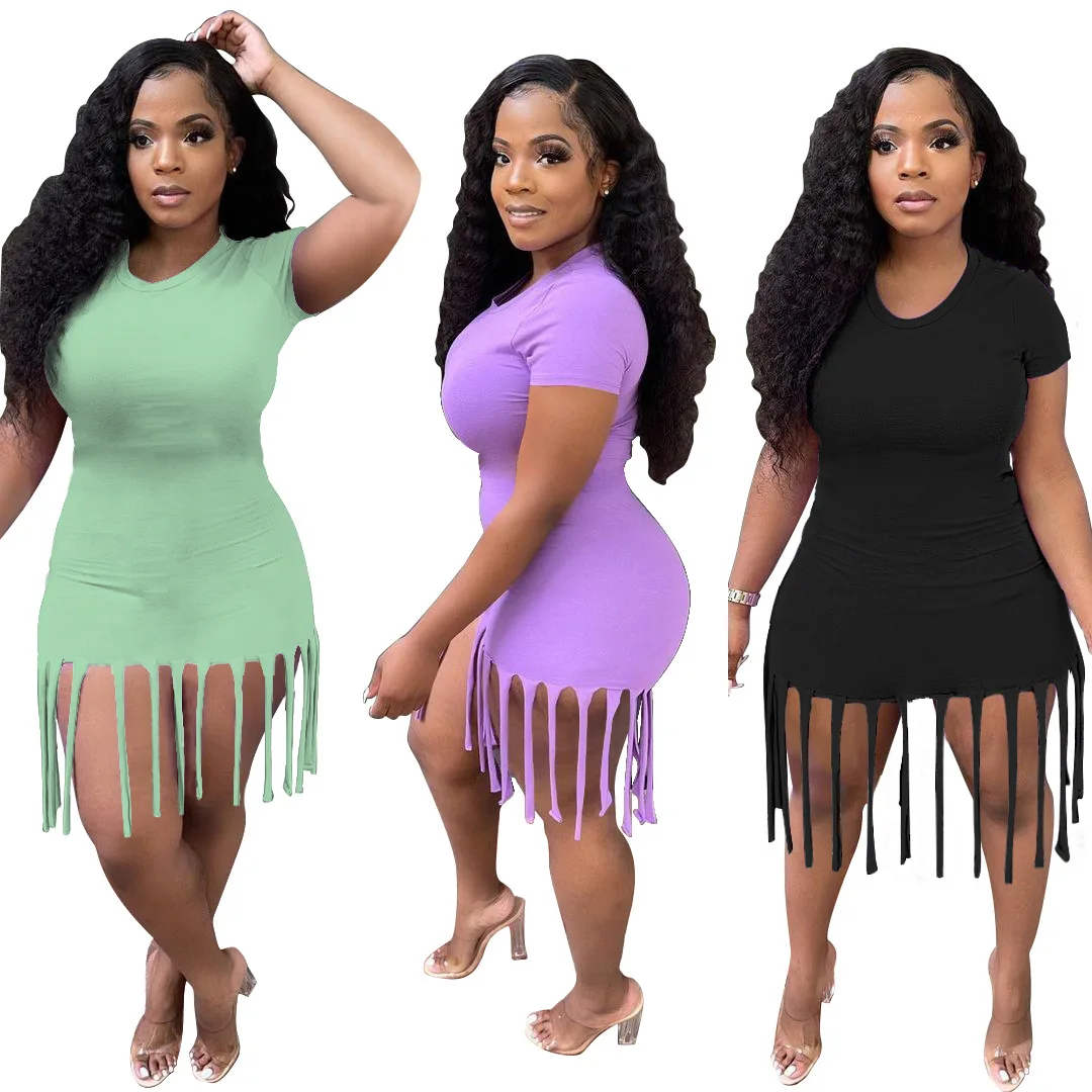 

kuchi summer new arrival women shorts sleeve solid color cute tassel dresses