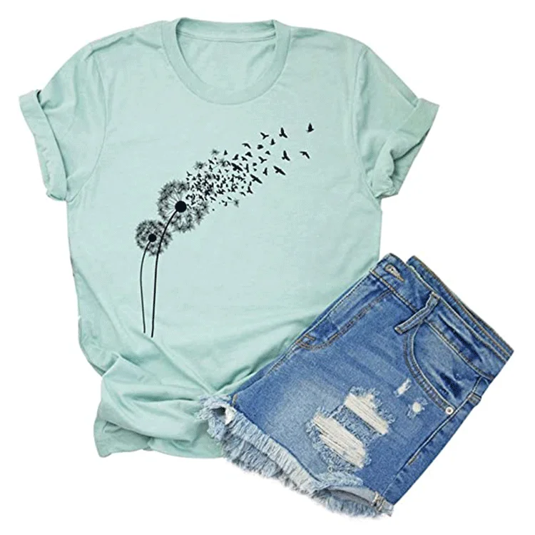 

Dandelion Print Crew Neck Casual Loose Womens Graphic T Shirt
