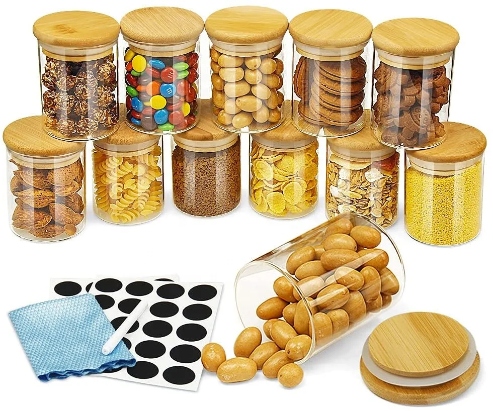 

A set of glass storage Glass jar with sealed bamboo lid for pasta flour tea sugar etc with labels pens Storage-160RL