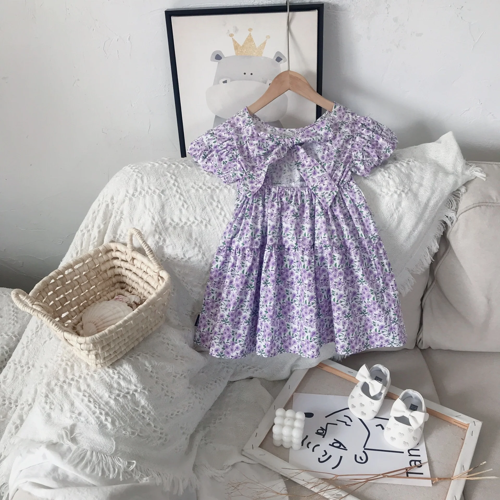 

2021 New Summer Korean Girl's Puff Sleeve Casual Floral Dress, Picture shows