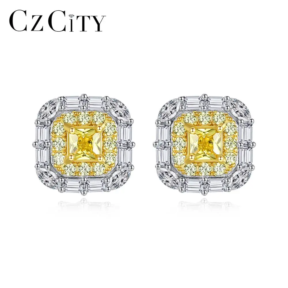 

CZCITY Fancy Yellow Crystal Cubic Zirconia 925 Sterling Silver Women's Stud Earrings for Party