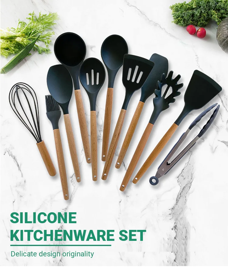 

11 Pieces Household Kitchen Accessories Cooking Tools Silicone Kitchen Utensils Set with Wooden Handles, Mix color