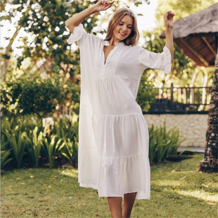 

Wholesale Flounce Pleat Half Sleeve One Piece V Neck Wrap White Solid Women Cover Up Beachwear Sexy