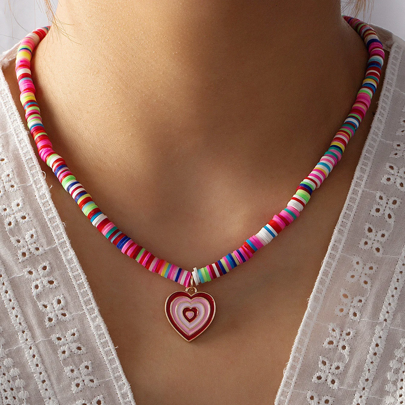 

Trendy Jewelry Colorful Bohemian Enameled Heart Shape Handmade Polymer Clay Vinyl Heishi Beads Necklace for Women Gift, Rainbow