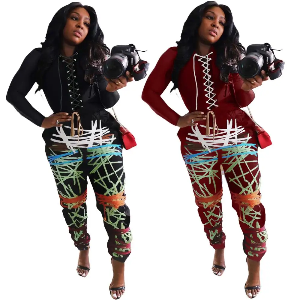 

2020 Wholesale Women Clothing Sets Two Piece Long Sleeve Crop Top Printed Sweatpants Tracksuit 2 Piece Set