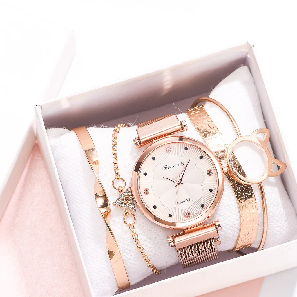 

Manufacturer Wholesale Magnet Buckle Ladies Watch Set Flower Rhinestone Gold Plated Quartz Watch Bracelet 5 Piece Set, Picture shows