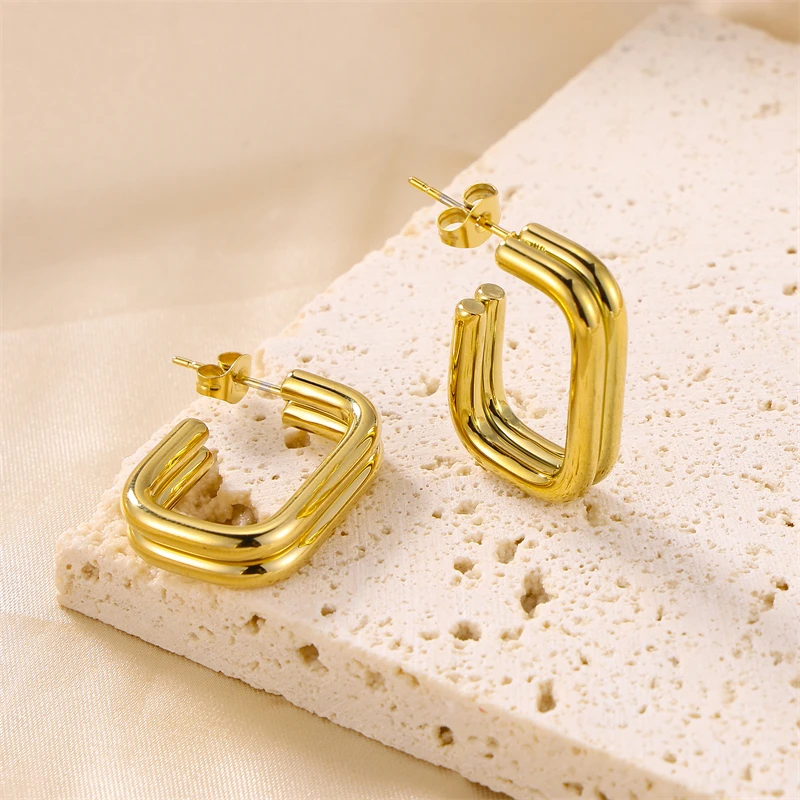 

New Stainless steel jewelry for women None tarnished Double tube U-shaped opening stud earrings 18K Gold Plated fine Jewels