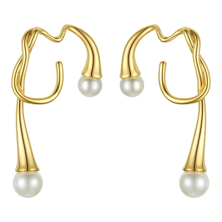 

Fashion 18K Gold Plated Brass Jewelry Irregular Knot Double Pearl Ear Clip INS Accessories Earrings E201148