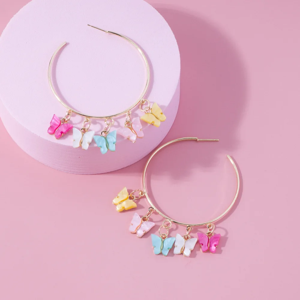 

2020 New Korean Butterfly Earring for Women Colorful Butterfly Pendant Earrings Big Circle Gold Color Hoop Earrings for Women