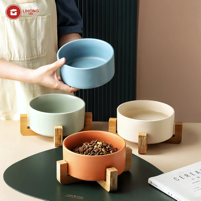 

LIHONG Pet Cat Dog Bowls Single / Double Bowl Ceramic Feeding Drinking Water Basin Anti-overturning with Stand