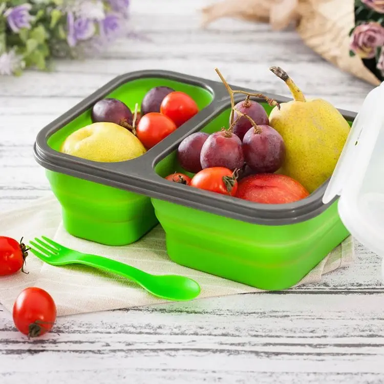 

Amazon hot sale Gepai collapsible three-piece silicone lunch box with plastic fork microwave food lunch box, Green ,red ,yellow ,blue and customized