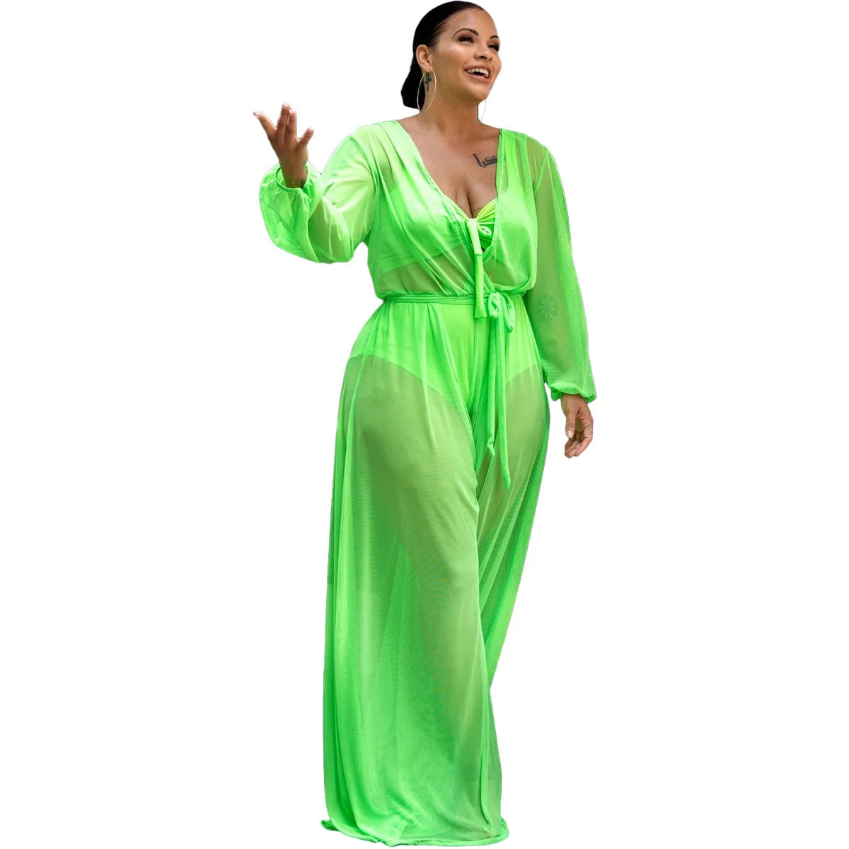 

Q7198 European and American women's sexy transparent mesh large size women's jumpsuit without inner wear, Green black blue pink