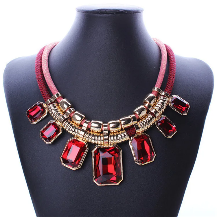 

Hyperbole Gem Pendant Necklace for Women Crystal Jewelry Statement Necklace w/ Leather Chain African Clavicle Chain Necklace, Picture