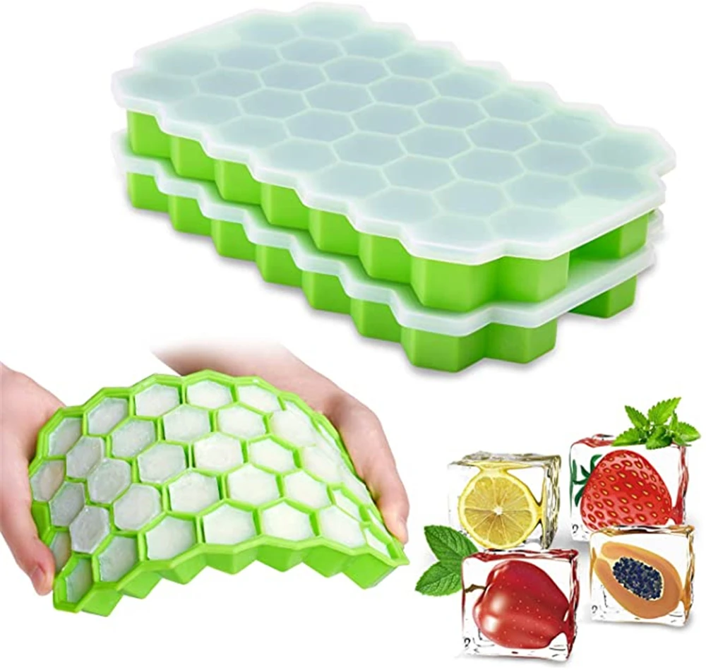 

RAYBIN Custom logo High Quality funcy 37 Cavities Hexagon Silicone Honeycomb Mini Ice Cube Tray mold, Green / blue / etc.