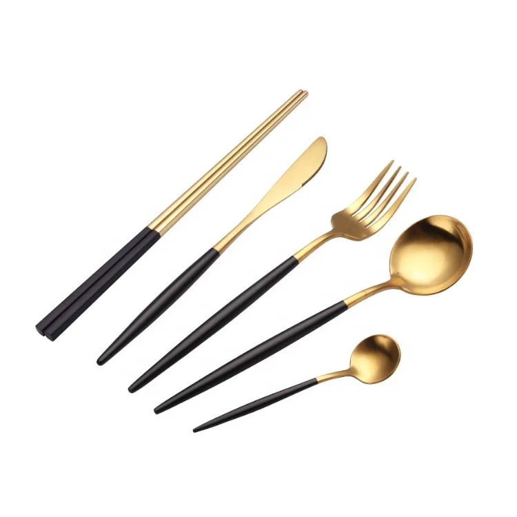 
4pcs/5pcs Matte Black Gold Flatware Set 304 Stainless Steel Cutlery Set Knife Fork Spoon and Chopsticks Dinnerware Silverware 