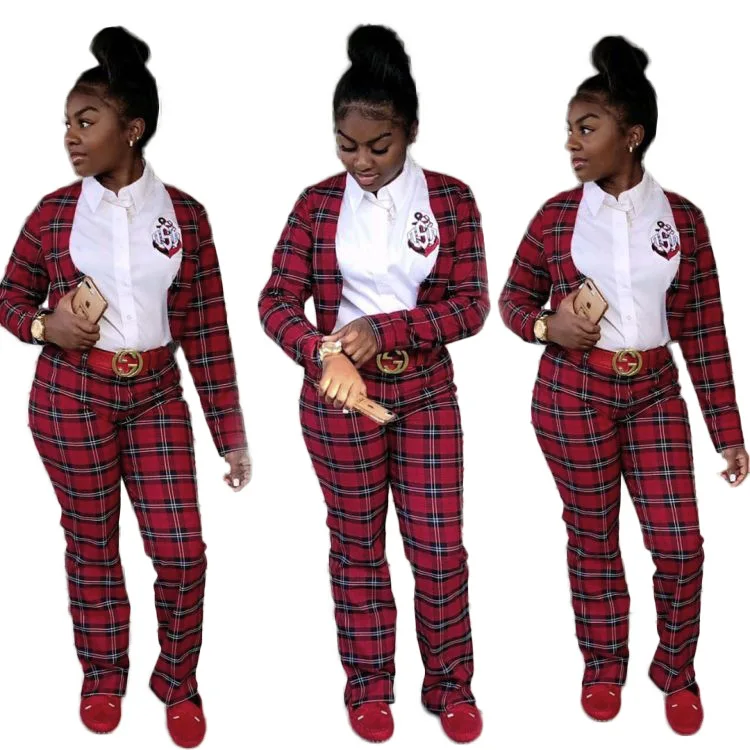 

fashionable dresses temperament ladies check British style professional suit cardigan two piece set women clothing 2020