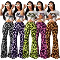 

KZS087 Printed top leopard high waist flare trousers pants two piece set women clothing