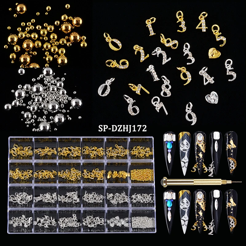 

DIY Metal 3D Crystal Rhinetone Pearl Number Nail Art Dangle Pendant Charms Zircon With Piercing Tool, Silver rose gold