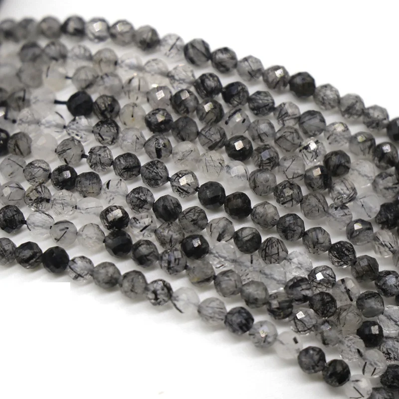 

Natural Black Rultilated Quartz Gemstone Round Beads  Faceted Beads For Jewelry Making DIY Bracelet Necklace Strand, In picture