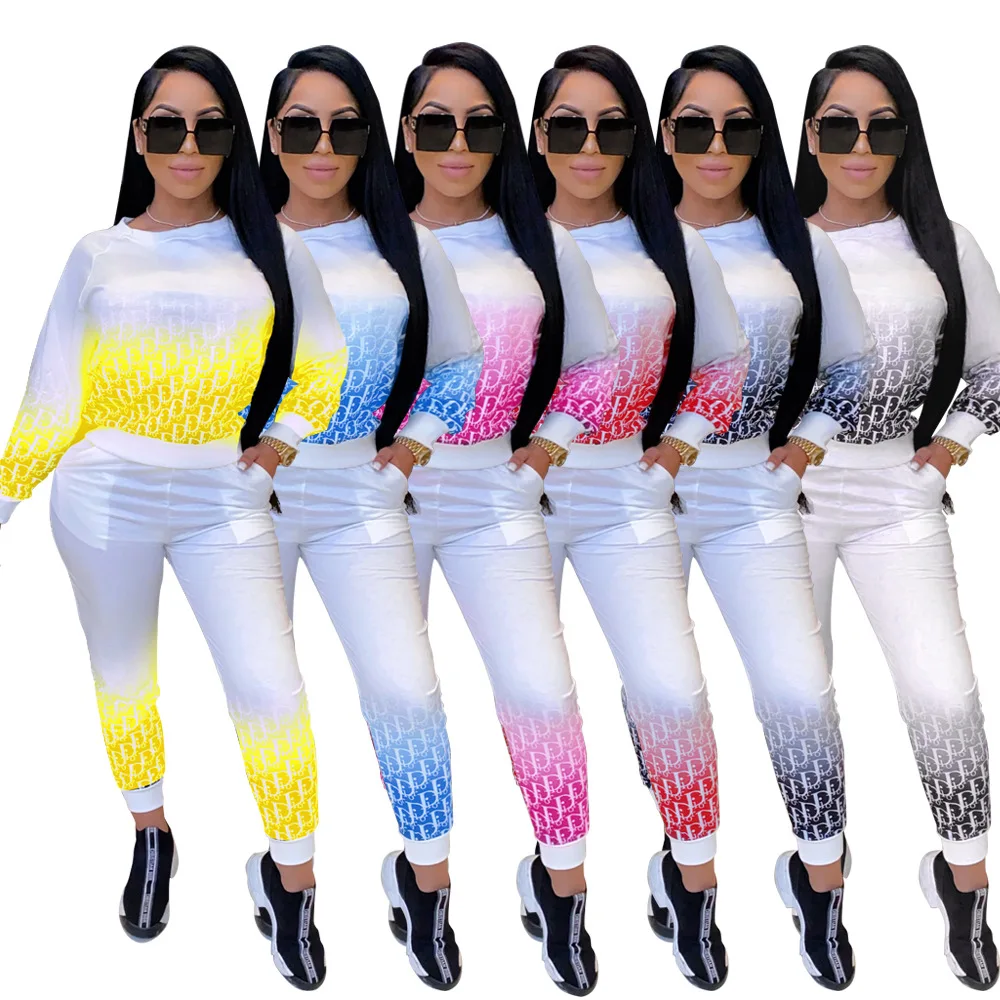 

Tracksuit Suit 2 Piece Set Sexy Printing Long Sleeve Full Length Pants Women clothing Two Piece Set Women Two Pieces Sets