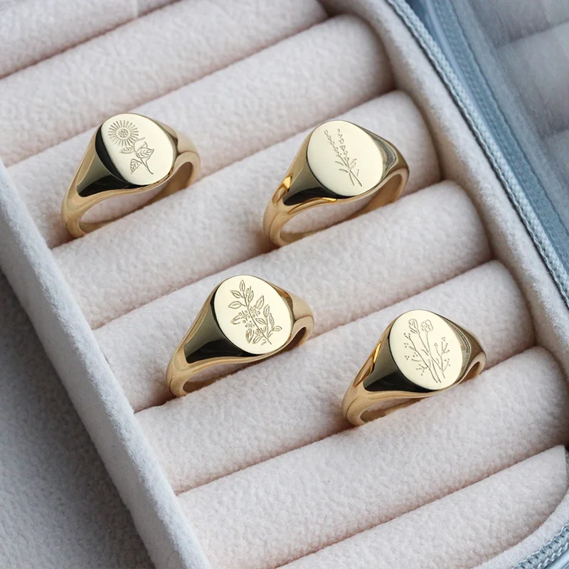 

Wholesale Fashion Personalized 18k PVD Gold Plated Sunflower Signet ring Stainless Steel Engraved Ring YF2290