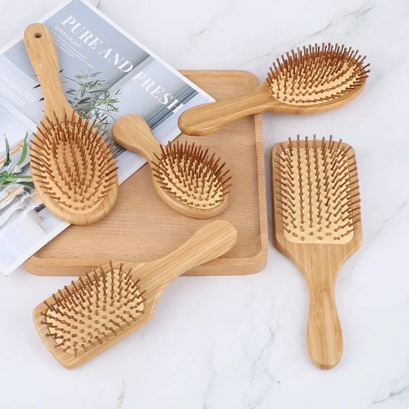 

Hairstylinf Barber Detangling Square Bamboo Nylon Wooden Handle Cushioned Hair Flat Paddle Brush