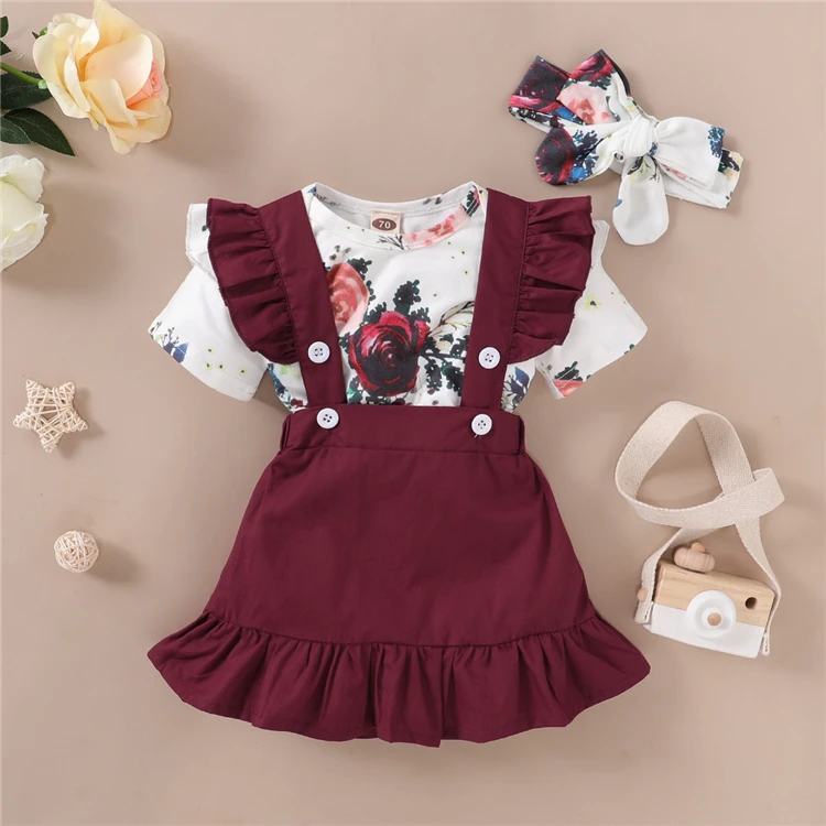 

RTS Highly Rated England Style Floral Pattern Cotton Rompers Burgundy Dress Short Sleeve 2pcs Baby Girl Clothing Set