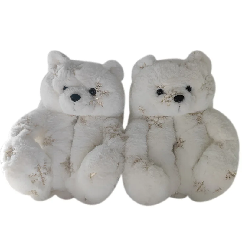 

Hot Selling Unisex Soft Anti Slip Rainbow Plush Christmas Limited fluffy bear custom slippers Wholesale