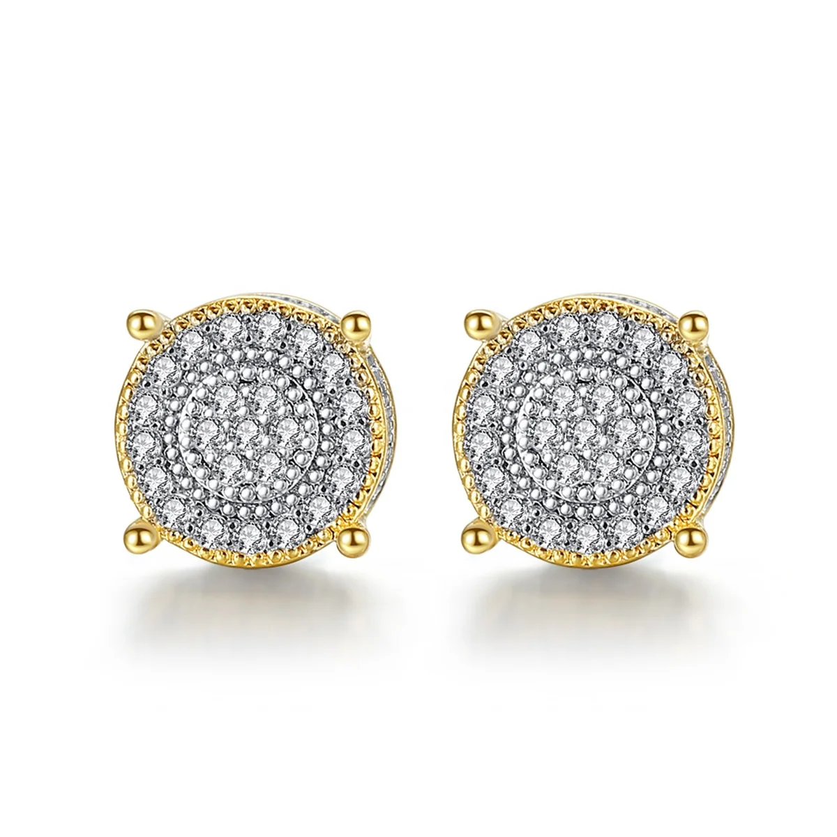 

2021 New Simple Hip Hop Iced Out Men Earrings Stud Gold Plated Round Shiny Pave Crystal Zircon Stud Earrings Women, Gold silver black