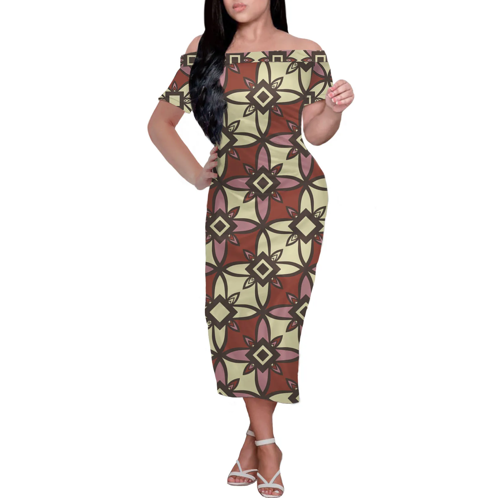 

Tropical Pacific Island Flower Fiji Design Women Dresses Summer Ladies Office Dress Off Shoulder Short Sleeve Evening Cocktail, Customized color