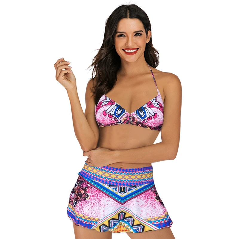 

Pink swimsuit with skirt Sexy high waist bikini 2021 bandage swim suit brazilian biquini female swimwear retro bathing suit