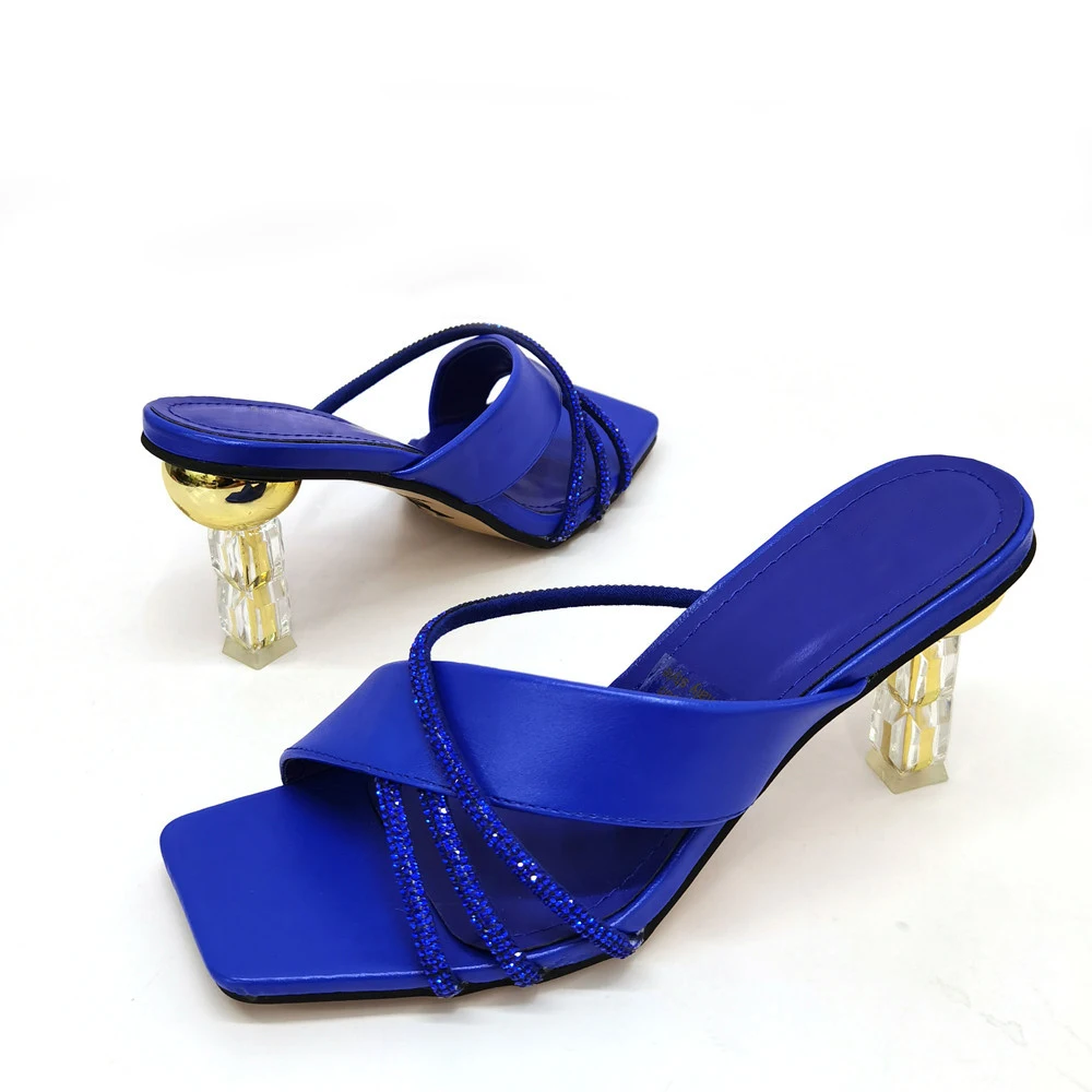 

Luxurious slides slippers 2022 ladies transparent high heels square toe crystal pumps gold ball heels women, Picture