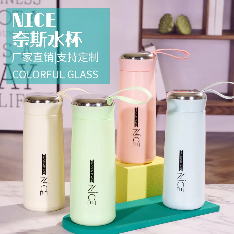

Customize Macaron Nice advertising gift glass liner creative water thermos simple department store student bottle with handle