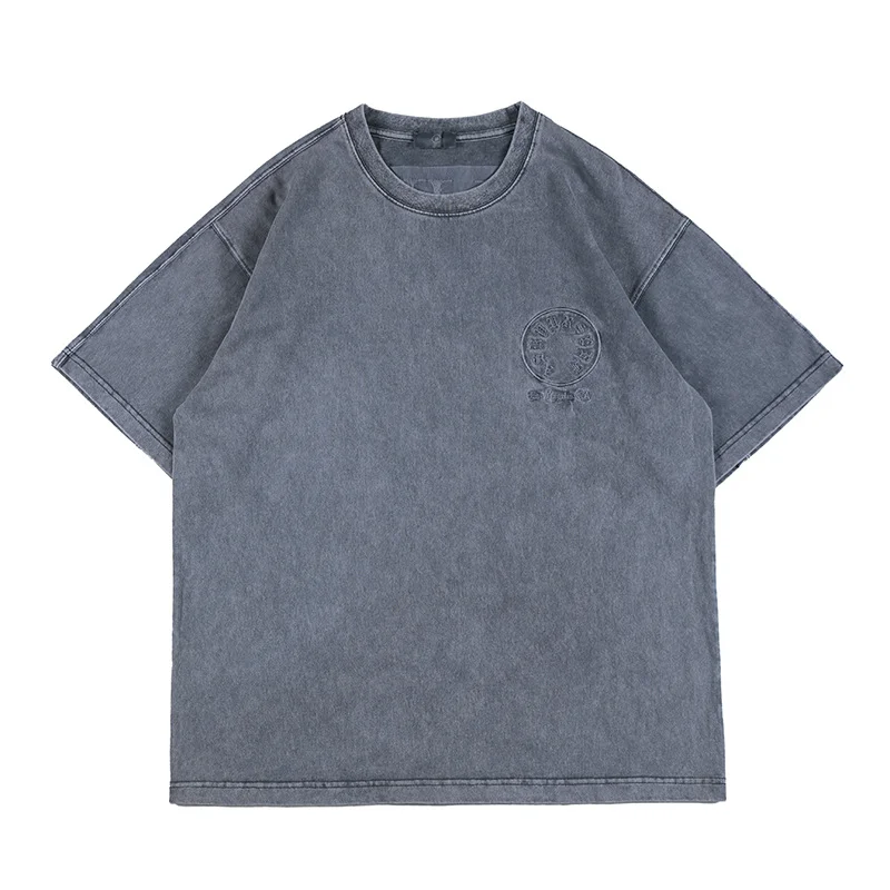 

Men Distressed Embroidery Tee 220GSM Loose Vintage T Shirt