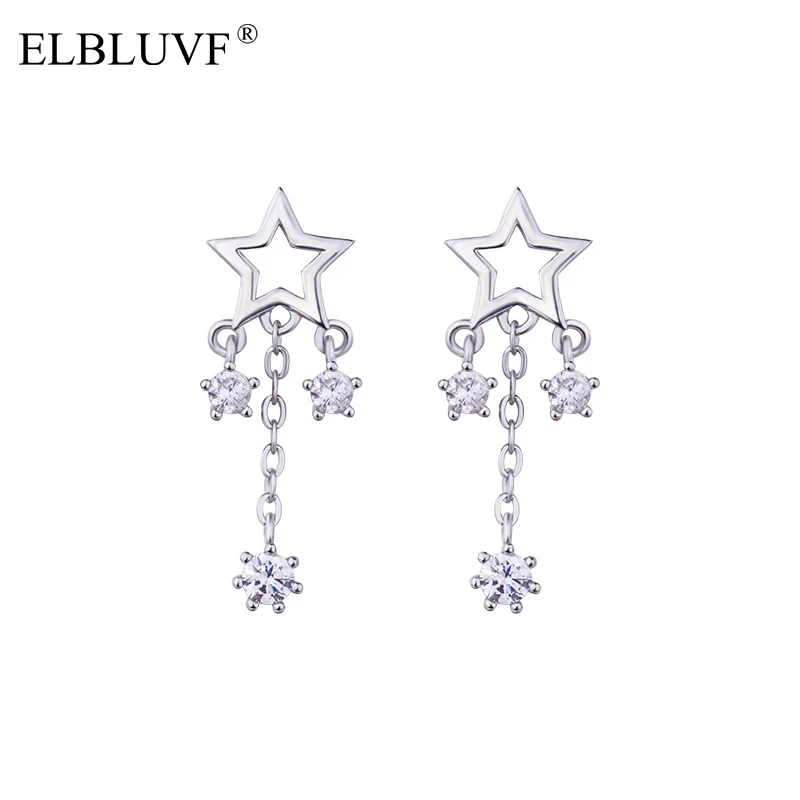 

ELBLUVF Free Shipping Korea Style Copper White Gold Platinum Plated White Zircon Star Tassel Earrings For Women