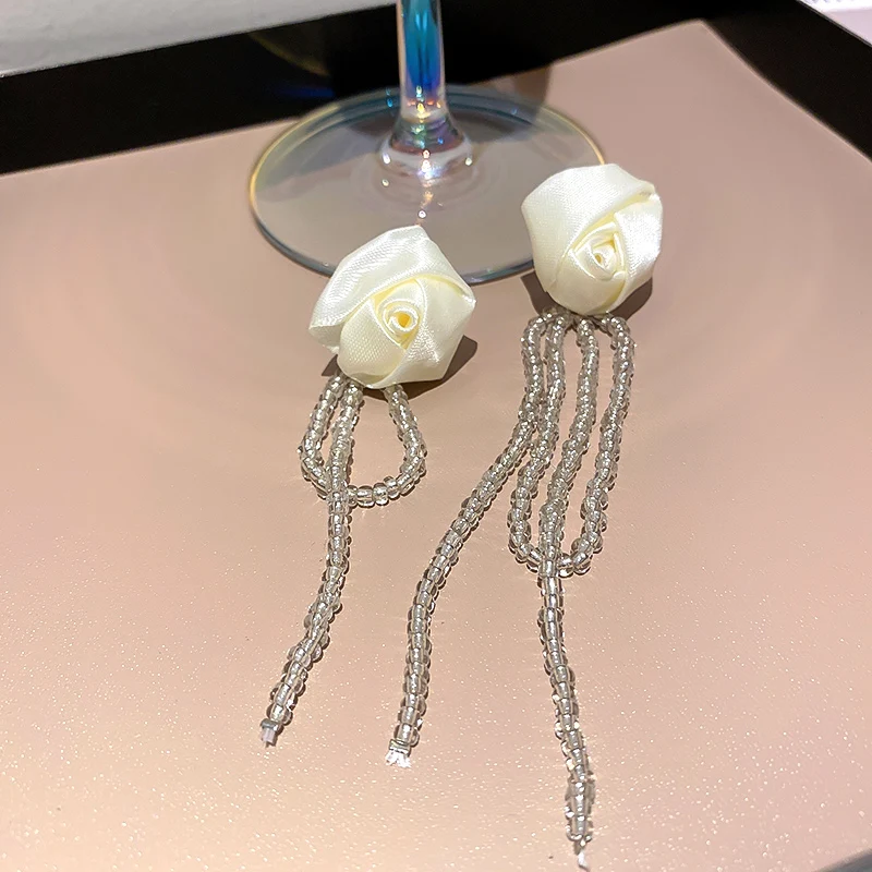 

fashion fabric statement flower beaded drop earrings