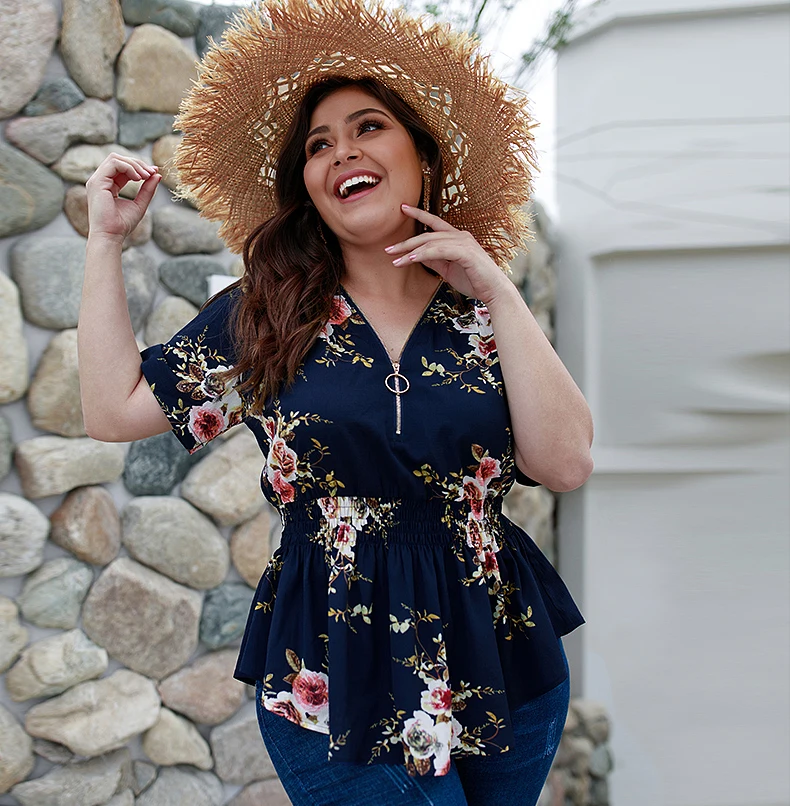 

Summer Women V-Neck Shirt Plus Size Tops Floral Prints Ruffle Rims Casual Blouses