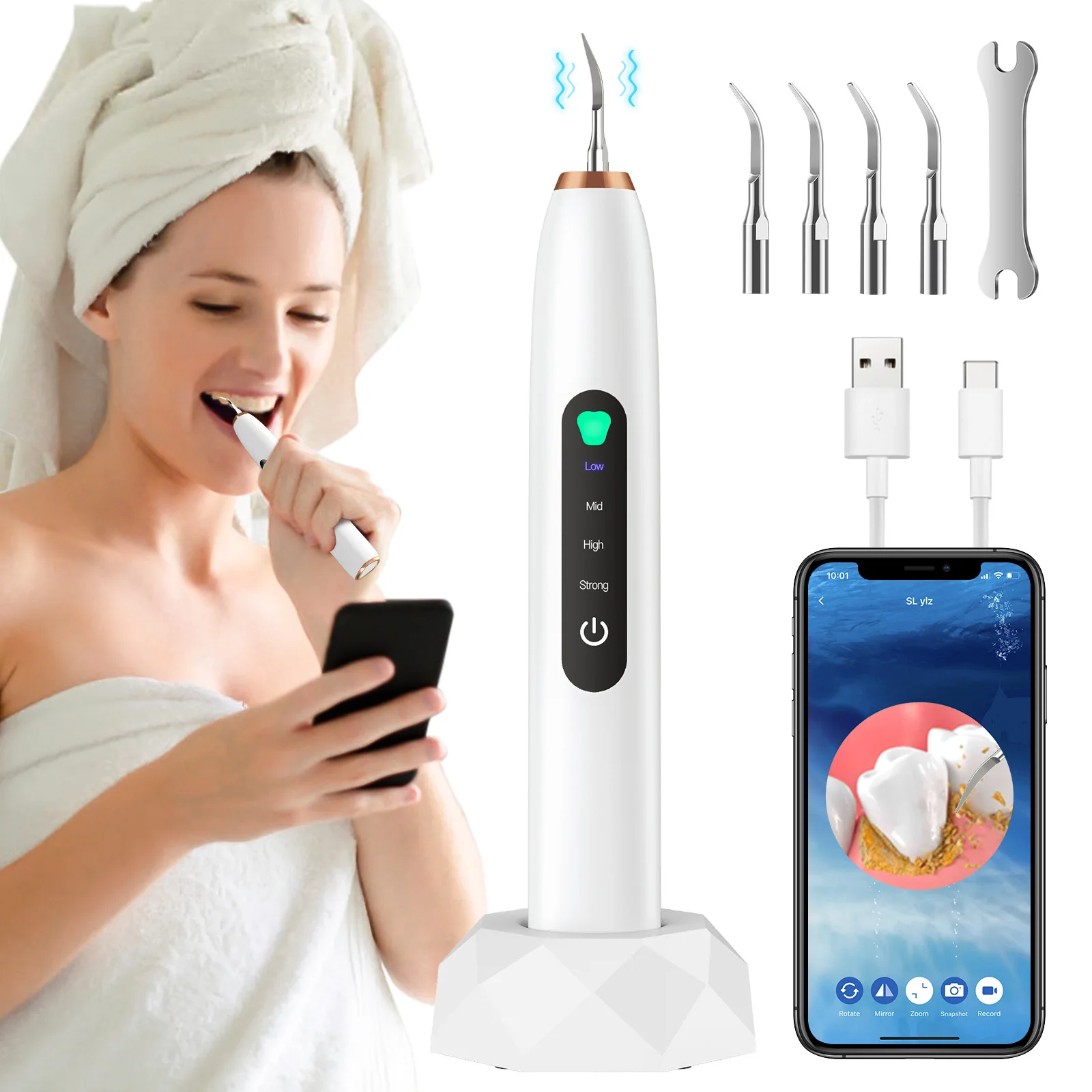 

Home use visible dental calculus remover electric dental scaler LED ultrasonic tooth cleaner with camera