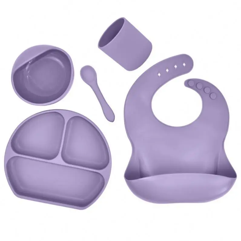 

High Quality Custom LOGO Detachable Speckled Silicone baby Bib Kids Training Spoon Toddler Silicone Baby Suction Plate Set