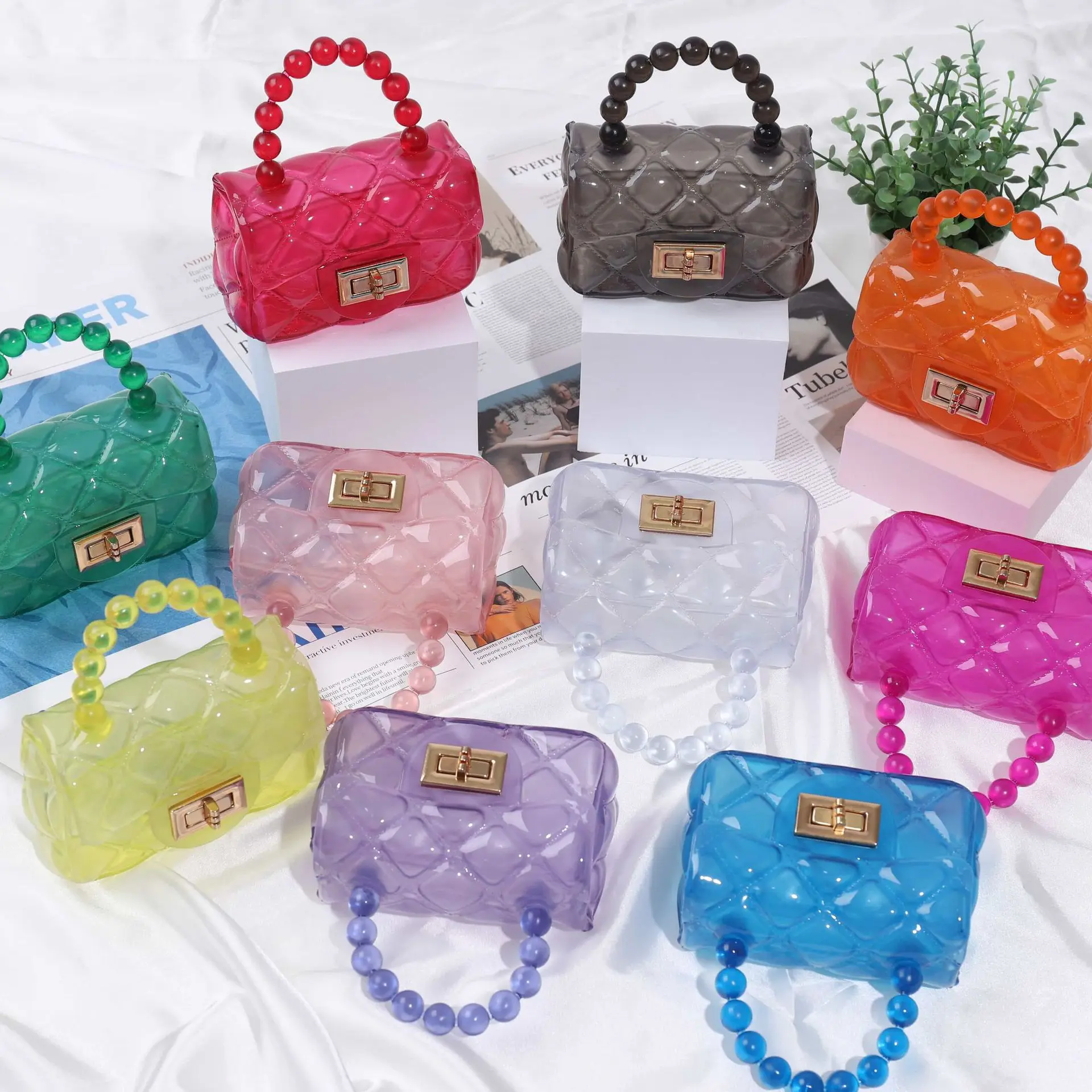 

wholesale kid jelly purses and handbags women transparent hand bags girls small jelly button chain sling bags, Multi colors