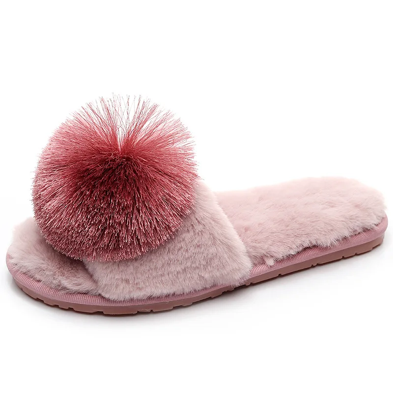 

Fur Slippers Sandals Winter Fur Plush Ladies Flat Slides Sandals Shoes With Pompom Ball For Women, Picture