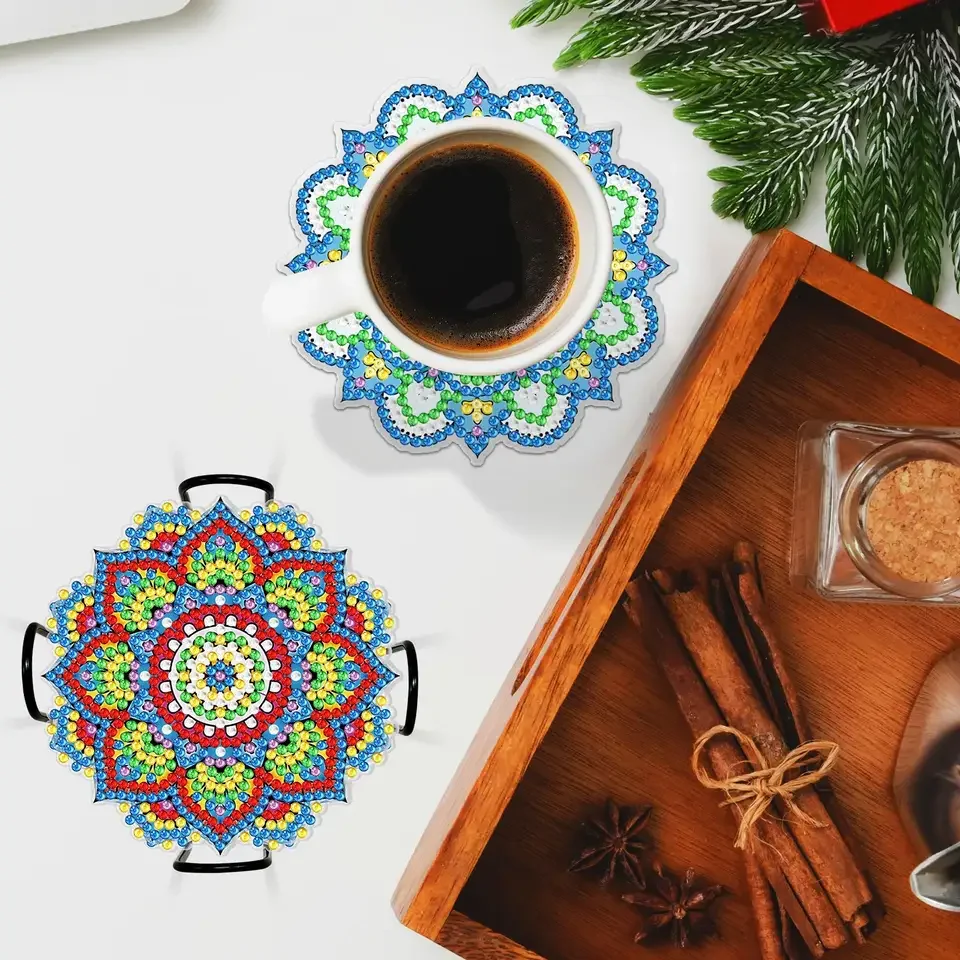 R-BD01-608 8pcs Set Mandala Design Diamond Painting coaster Kit DIY Handmade Craft Cup Mat