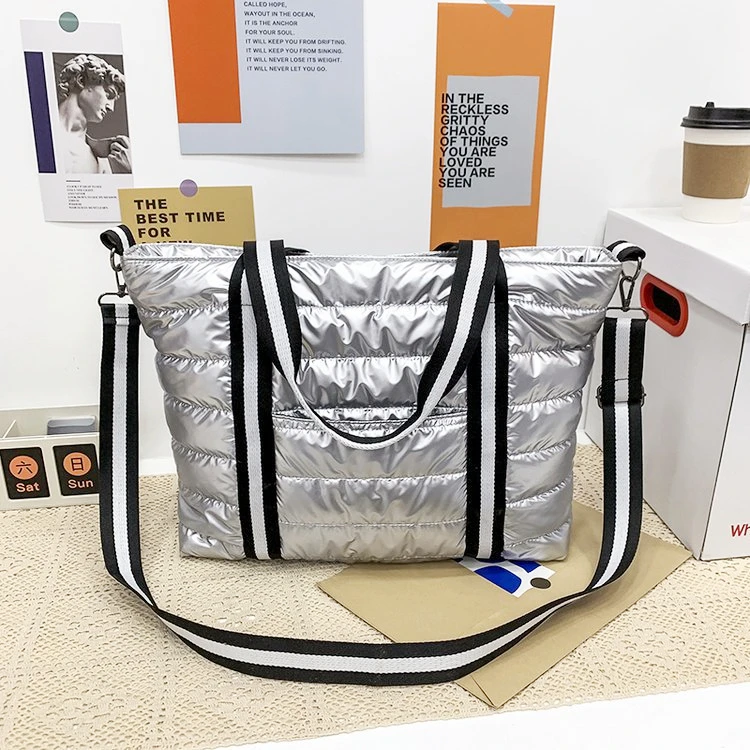 

Hot Selling Top Handle Bags Unique Large Capacity Leisure Polyester Lining Handbags Silver Grid Soft Nylon Woman Puffer Tote Bag, Silver,black,white blue