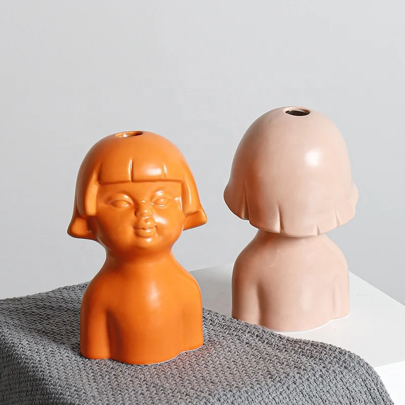 

Abstract creative doll design ceramic flower vase bust personality dried flower porcelain pot ornaments, As picture